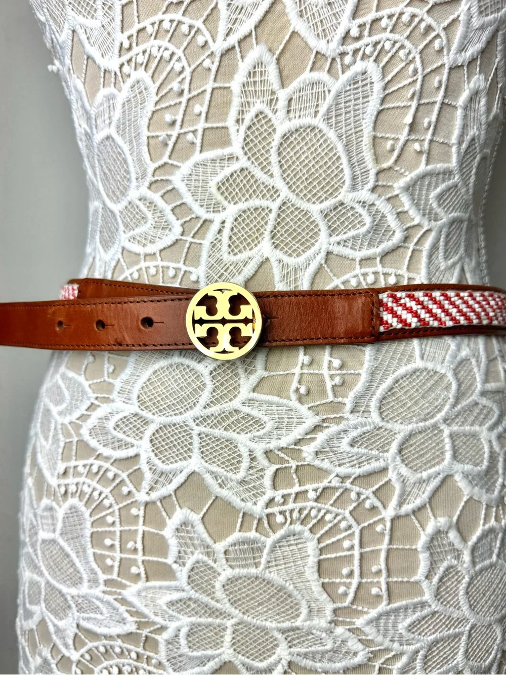 Tory Burch Cognac Leather Beaded Belt with Red and White Beads with TT Buckle XS